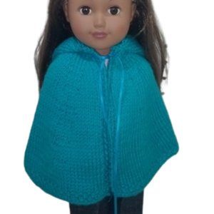 Bright Turquoise Hand Knit Hooded Cape w/Ribbon Tie Close ~ 18" Doll